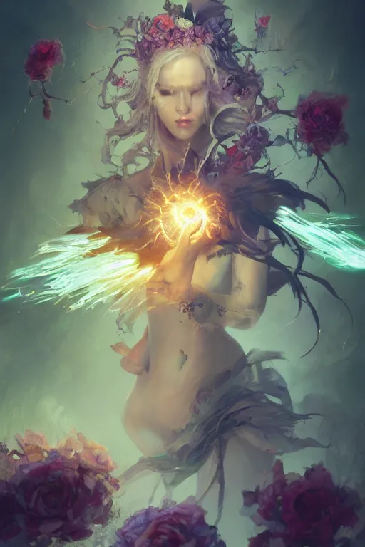 Image similar to beautiful girl necromancer, witch - doctor exploding into flowers, angels, 3 d render, hyper - realistic detailed portrait, holding electricity and birds, ruan jia, wlop. scifi, fantasy, hyper detailed, octane render, concept art, peter mohrbacher