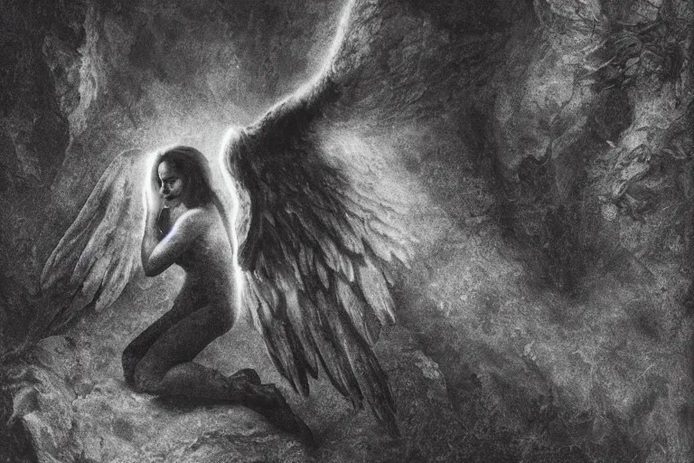 Image similar to Fallen Angel, cast out crouches in a cave, shafts of lights from above, fantasy