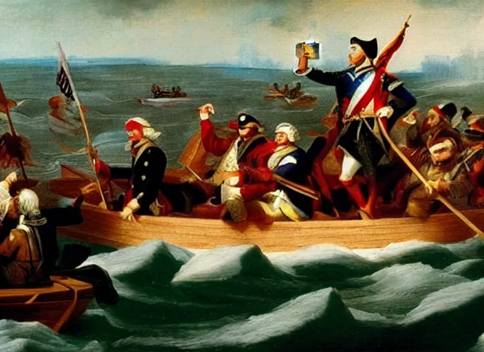 Prompt: oil painting of Washington Crossing the Delaware but Washington is taking a selfie