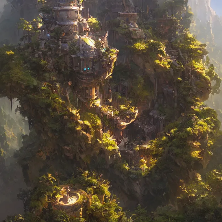 Image similar to vertical overwatch headquarters carved inside a mountain surrounding a lush garden, trimmed, magical, natural light, fantasy, sharp focus, concept art, by greg rutkowski and craig mullins, cozy atmospheric