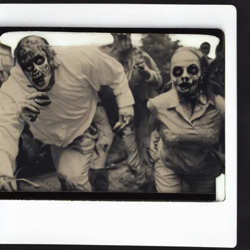 Prompt: a crime scene polaroid photo of a zombie hoard attack