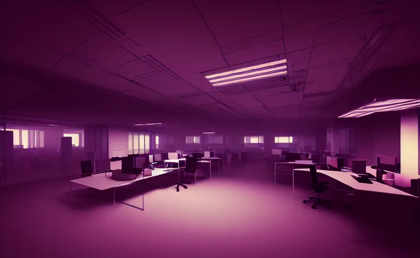 Image similar to office, horror scene, fluorescent lighting, eerie volumetric lighting, futuristic atmosphere, intricate, detailed, photorealistic imagery, artstation