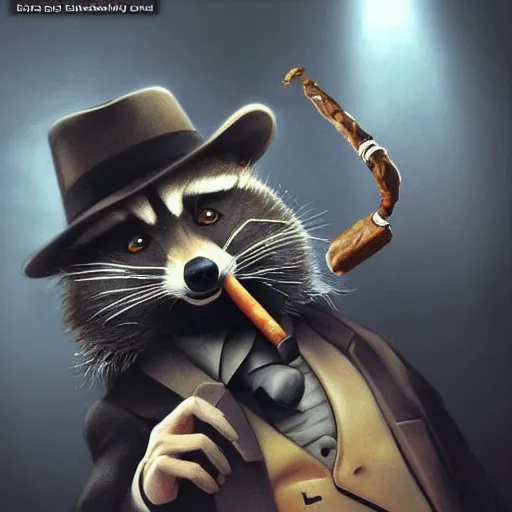 Image similar to a racoon wearing a suit smoking a cigar on his mouth, dramatic lighting, cinematic, establishing shot, extremly high detail, photorealistic, cinematic lighting, artstation, style by James Gurney