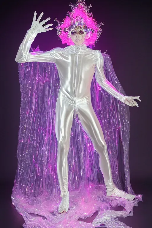 Image similar to full-body rococo and cyberpunk delicate crystalline sculpture of a muscular iridescent slender Spanish male as a humanoid deity wearing a thin see-through plastic hooded cloak sim roupa, reclining con las piernas abiertas, glowing pink face, crown of white lasers, large diamonds, swirling black silk fabric. futuristic elements. oozing glowing liquid, full-length view. space robots. human skulls. throne made of bones, intricate artwork by caravaggio. Trending on artstation, octane render, cinematic lighting from the right, hyper realism, octane render, 8k, depth of field, 3D