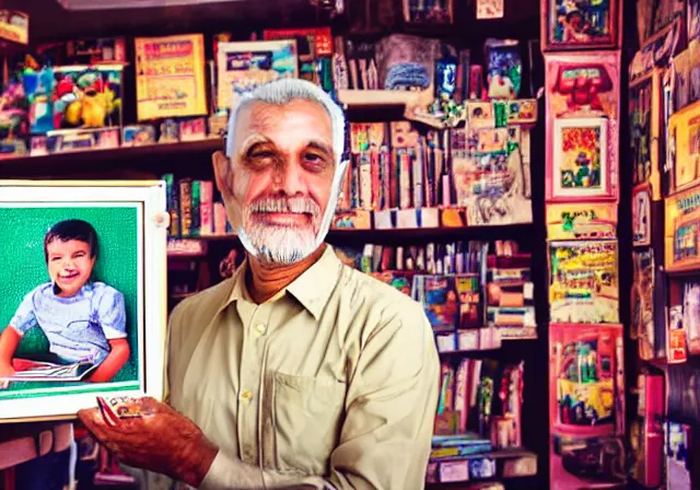 Image similar to home photography portrait, A shopkeeper guy of the SHOME and his family , floor, signboards , poster ; summer, Color VHS picture quality with mixed noise