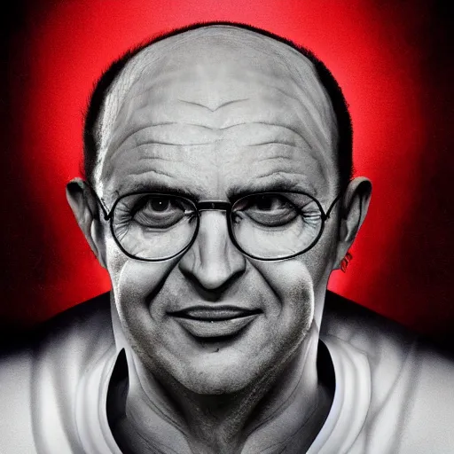 Image similar to avram glazer as the devil reincarnate, owner of manchester united football club, portrait, pure evil, devils horns, avram glazer, satan, hell, 8 k, hyperrealism, symmetry, cinematic lighting - h 9 6 0