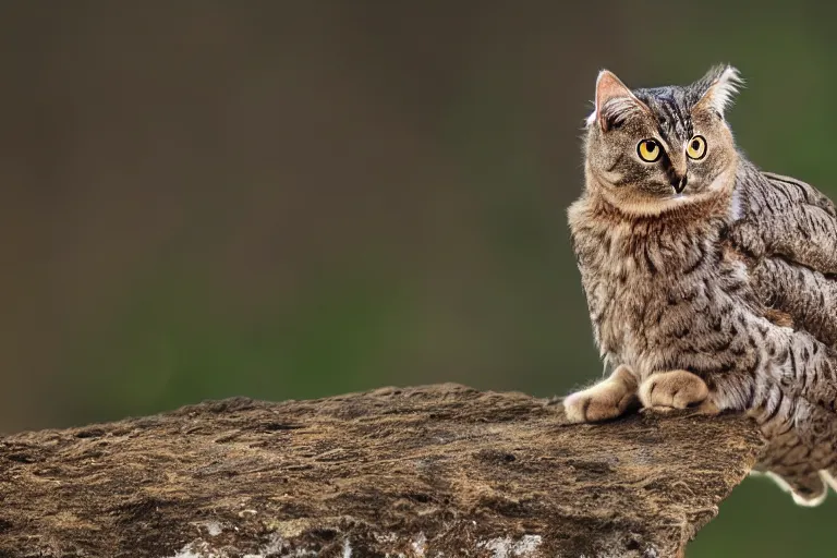 Image similar to a cat owl!!! hybrid! hyper realistic!! realistic lighting!! wildlife photographer of the year!!! bold natural colors, national geographic, hd, wide angle, 8 k