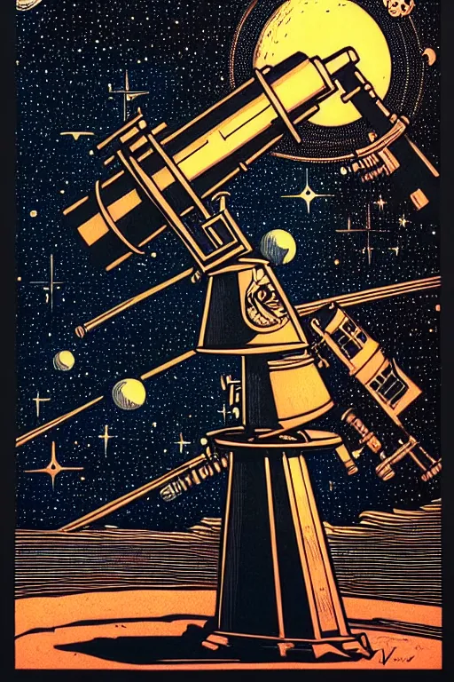 Prompt: wizard looking into a telescope, high details, intricately detailed, by vincent di fate, inking, 3 color screen print, masterpiece, trending on artstation,, sharp, details, hyper - detailed, hd, 4 k, 8 k