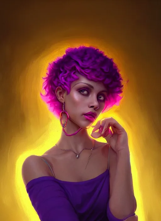 Image similar to portrait of vanessa morgan with bright pink hair, curly pixie cut hair, wearing a purple breton cap, breton cap, hoop earrings, intricate, elegant, glowing lights, highly detailed, digital painting, artstation, concept art, smooth, sharp focus, illustration, art by wlop, mars ravelo and greg rutkowski