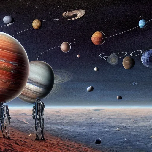 Prompt: man as big as the solar system standing in the solar system, oil on canvas, intricate, 8k highly professionally detailed, HDR, CGsociety