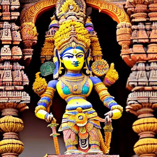 Image similar to a woman wearing an armor and head - dress. the armor and head - dress is made out of the colors, textures and sculptures of the meenakshi temple in madurai. intricate. detailed.