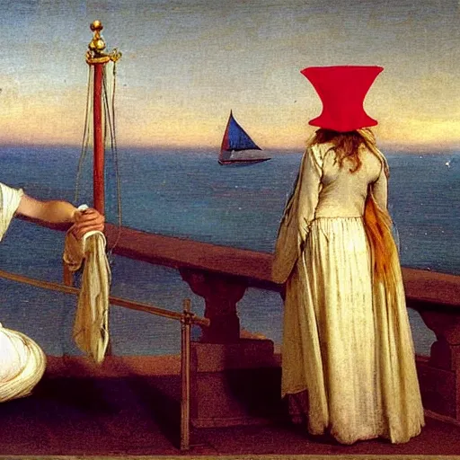 Prompt: A girl with jester hat and clothes on a greek circle archi on the front of a Balustrade with a beach and a sail boat on the background, major arcana cards, by paul delaroche and arnold böcklin hyperrealistic 8k, very detailed