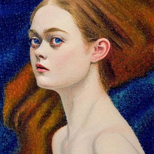 Prompt: professional painting of Elle Fanning in Prey the style of Henri-Edmond Cross, head and shoulders portrait, symmetrical facial features, smooth, sharp focus, illustration, intricate, stormy weather, extremely detailed masterpiece,