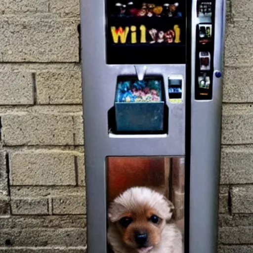 Prompt: in a dark alley at night a vending machine sells puppies only visible by the light from the vending machine.