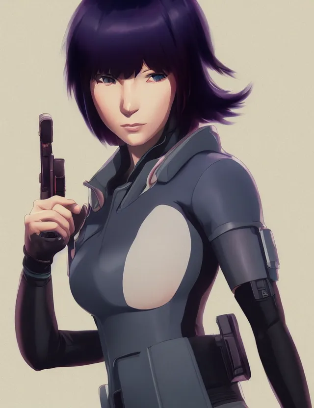 Image similar to a fullbody portrait of motoko kusanagi the major ghost in the shell : : stand alone complex, under repairs, maintenance : : by ilya kuvshinov, rossdraws, artgerm, sola digital arts, anti aliasing, raytracing : :