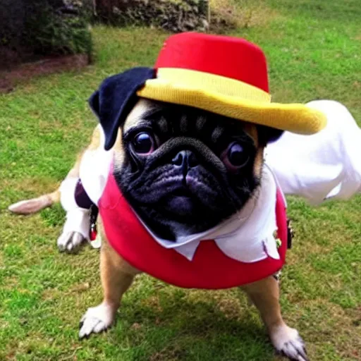 Prompt: a pug dog cosplaying Luffy from one piece