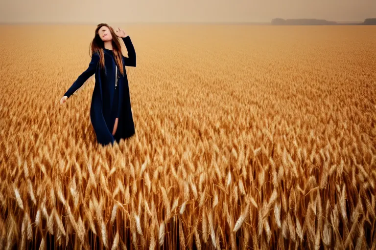 Image similar to photograph of a fashion model flying over a wheat field. photography by julia hetta, cinematic, elegant, real dlsr photography, sharp focus, 4 k, ultra hd, sense of awe