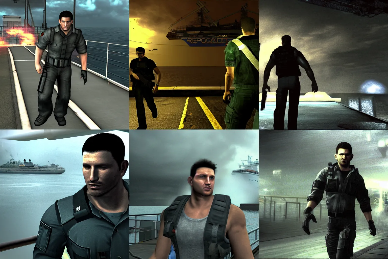 Prompt: Chris Redfield from Resident Evil is walking outside on a cruising ship. thunderstorm in the background. dreamcast game Screenshot. dark atmosphere. third person game.