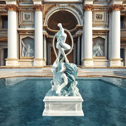 Prompt: italian masterpiece, delicate renaissance marble sculpture covered with water veil, highly detailed transparent marble cloth, gi, global illumination, physically based rendering, photorealistic, top light, dark background