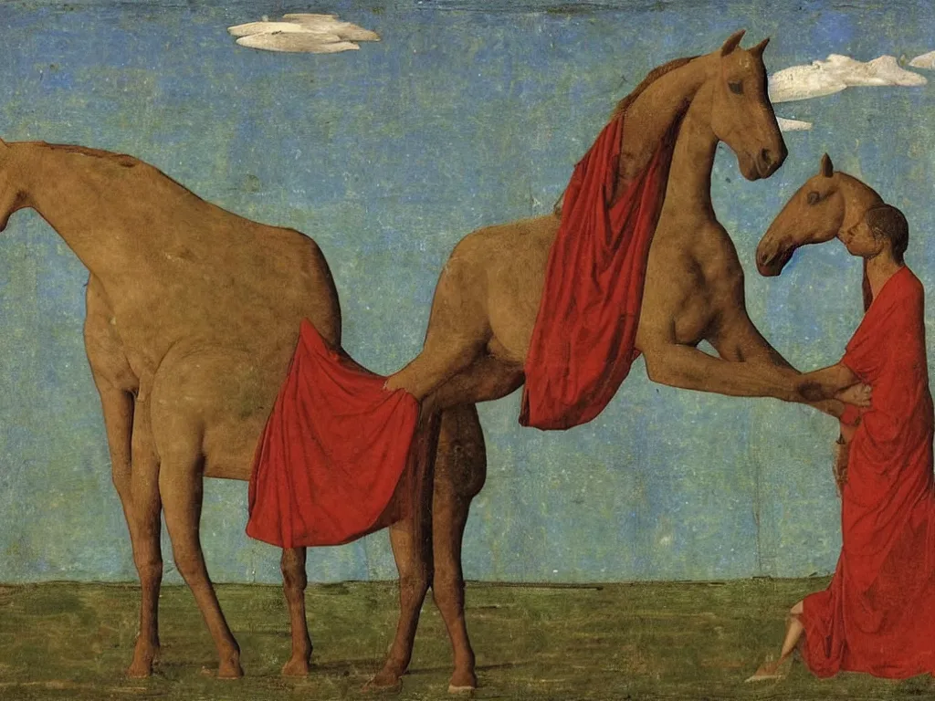 Image similar to Horse with monk in the mud, in the swamp. Lapis Lazuli, malachite, cinnabar. Painting by Piero della Francesca, Agnes Pelton