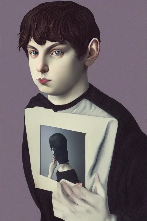 Image similar to portrait of beautiful young gothic boy whit readhead, some cyber, the middle ages, highly detailed, artstation, illustration, art by rene magritte