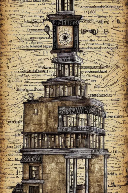 Image similar to the impossible clock tower, tower, building steampunk, papyrus, parchment