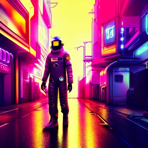 Prompt: professional photo of astronaut on cyberpunk street, synthwave, blade runner 2 0 4 9 style, hyperrealistic masterpiece, trending on artstation, cgsociety, kodakchrome, golden ratio, cinematic, composition, beautiful lighting, hyper detailed, sharp focus, octane render, 4 k, unreal engine