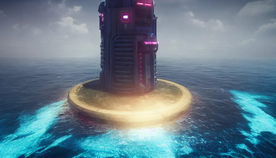 Image similar to a island in the middle of the ocean with a large cyberpunk tower on it, octane, redshift, volumetric lighting, reflections