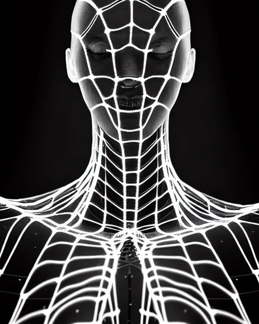 Image similar to black and white cyborg-plant goddess high quality photo, artificial intelligence, bio-mechanical bio-luminescence, artificial spider web, neurons, nerve cells, octane render, cinematic, rim light, hyper realism, photo-realistic, high detail, 8k, in the style of Steven Meisel and Dora Maar and H.G. Giger