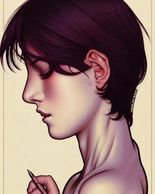 Image similar to ' bored woman with short hair ', closeup shot of face, beautiful shadowing, soft shadowing, reflective surfaces, illustrated completely, 8 k beautifully detailed pencil illustration, extremely hyper - detailed pencil illustration, intricate, epic composition, masterpiece, bold complimentary colors. stunning masterfully illustrated by artgerm, range murata, alphonse mucha, katsuhiro otomo.