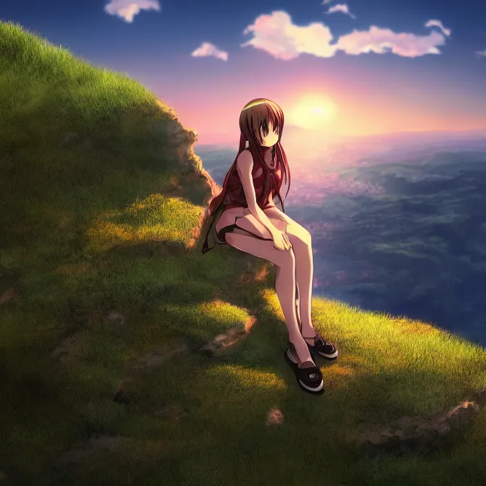 Image similar to Anime Girl Sitting on Edge of Cliff at a Green Valley at Sunset, Golden Hour! Trending on Artstation, Pixiv, Deviant Art!