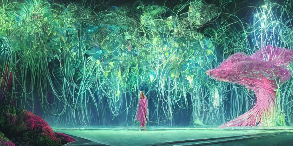 Image similar to Beautiful futuristic crystal sculpture in jungle with big wild flowers, soft neon lights, bright colors, cinematic, smooth, chrome, dramatic, fantasy, by Moebius, by Zdzisław Beksiński, high contrast, epic composition, sci-fi, dreamlike, surreal, angelic, 8k, unreal engine, hyper realistic, fantasy concept art, XF IQ4, 150MP, 50mm, F1.4, ISO 200, 1/160s, natural light, Adobe Lightroom, photolab, Affinity Photo, PhotoDirector 365