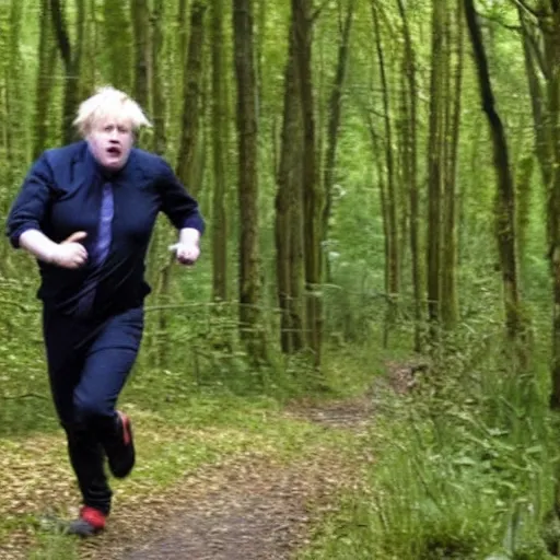 Prompt: boris johnson chasing you in a forest, trailcam footage