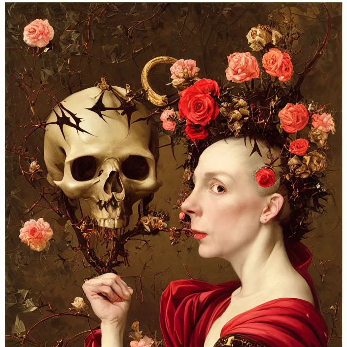 Image similar to portrait of a woman with a golden skull instead of a head, a wreath of thorns, a dress of bones and roses, horns, snakes, smoke, flames, full-length, oil painting in a renaissance style , very detailed, red background, painted by Caravaggio, Greg rutkowski, Sachin Teng, Thomas Kindkade, Alphonse Mucha, Norman Rockwell, Tom Bagshaw.