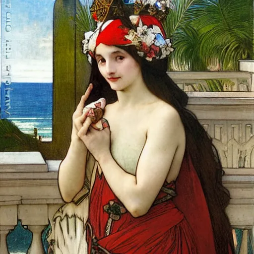 Image similar to Jester on the front of a Balustrade with a beach on the background, major arcana cards, by paul delaroche and alphonse mucha, hyperrealistic 8k, very detailed