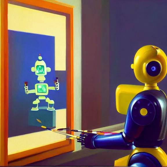 Image similar to beautiful illustration of a robot painting an artwork on a canvas with a paintbrush by Edward Hopper, colorful octane render