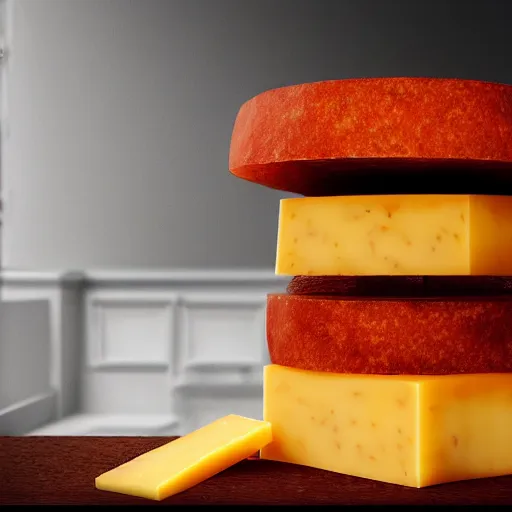 Image similar to 1,000,000 slices of sharp cheddar cheese stacked into a tower hyperrealistic, 8k