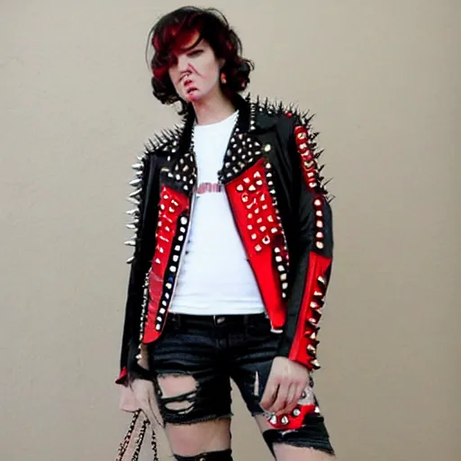 Image similar to battle jacket punk rock red and black studs spikes
