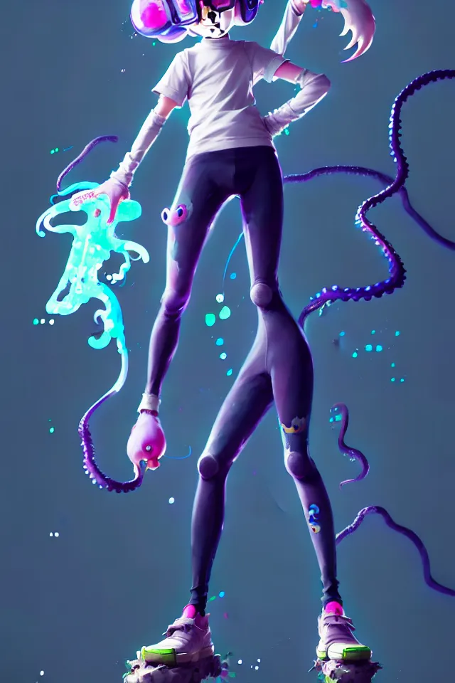 Prompt: a beautiful fullbody portrait of a cute splatoon anime boy wearing tight leggings under shorts. character design by cory loftis, fenghua zhong, ryohei hase, ismail inceoglu and ruan jia. artstation, volumetric light, detailed, photorealistic, fantasy, rendered in octane