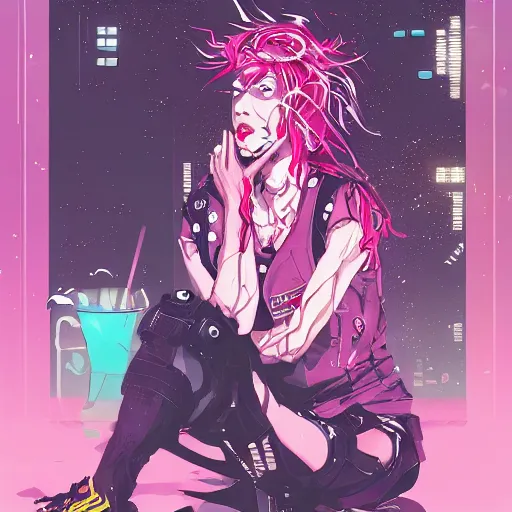 Image similar to zoom - out, a grungy cyberpunk anime, very cute, by super ss, cyberpunk fashion, curly pink hair, night sky by wlop, james jean, victo ngai, highly detailed