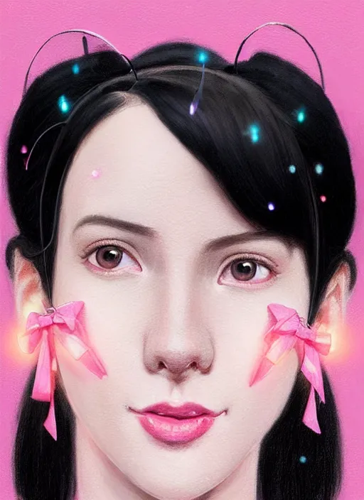 Image similar to portrait of high school girl, realistic, black hair, bangs, half updo hairstyle, pointy nose, skinny, smile, ugly, defined jawline, big chin, pink hair bow, earrings, intricate, elegant, glowing lights, highly detailed, digital painting, artstation, sharp focus, illustration, art by wlop, mars ravelo and greg rutkowski