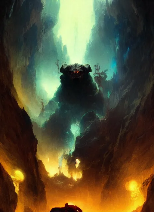 Image similar to balrog in a vast cavern, intricate, elegant, highly detailed, vivid colors, john park, frazetta, sparth, ruan jia, jeffrey catherine jones