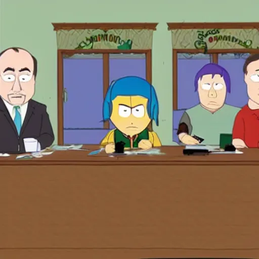 Prompt: saul goodman visits south park cartoon frame.