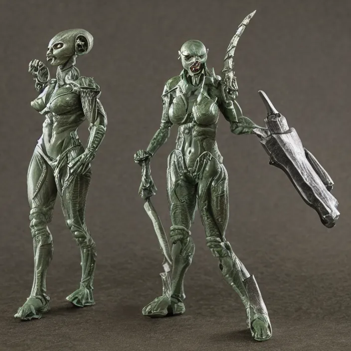 Image similar to 80mm resin detailed miniature of a Alien and a Female warrior, Product Introduction Photos, 4K, Front view, Full body