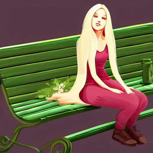 Prompt: an illustration of a young woman with long blond hair sitting on a green bench with her head in her hands, digital art, artstation