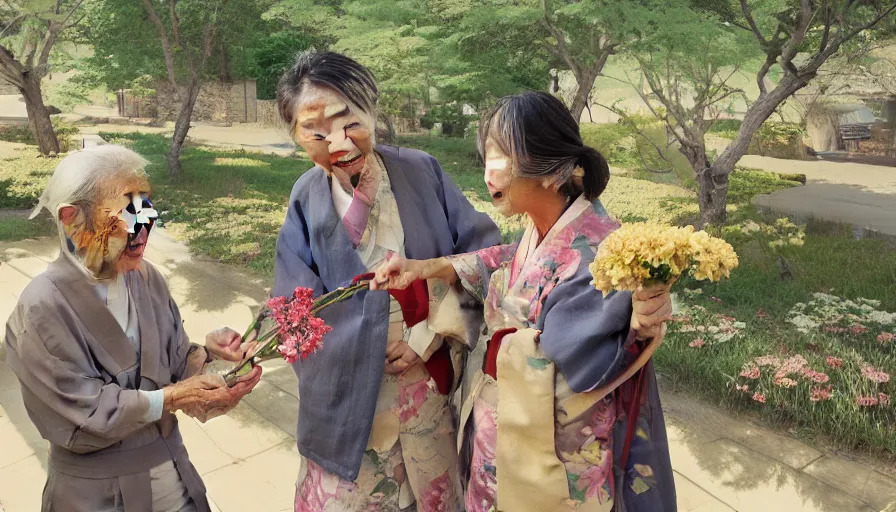 Image similar to old japanese man giving flower to his wife, sunny day, japanese village, mange style, hyperdetailed, artstation, cgsociety, 8 k