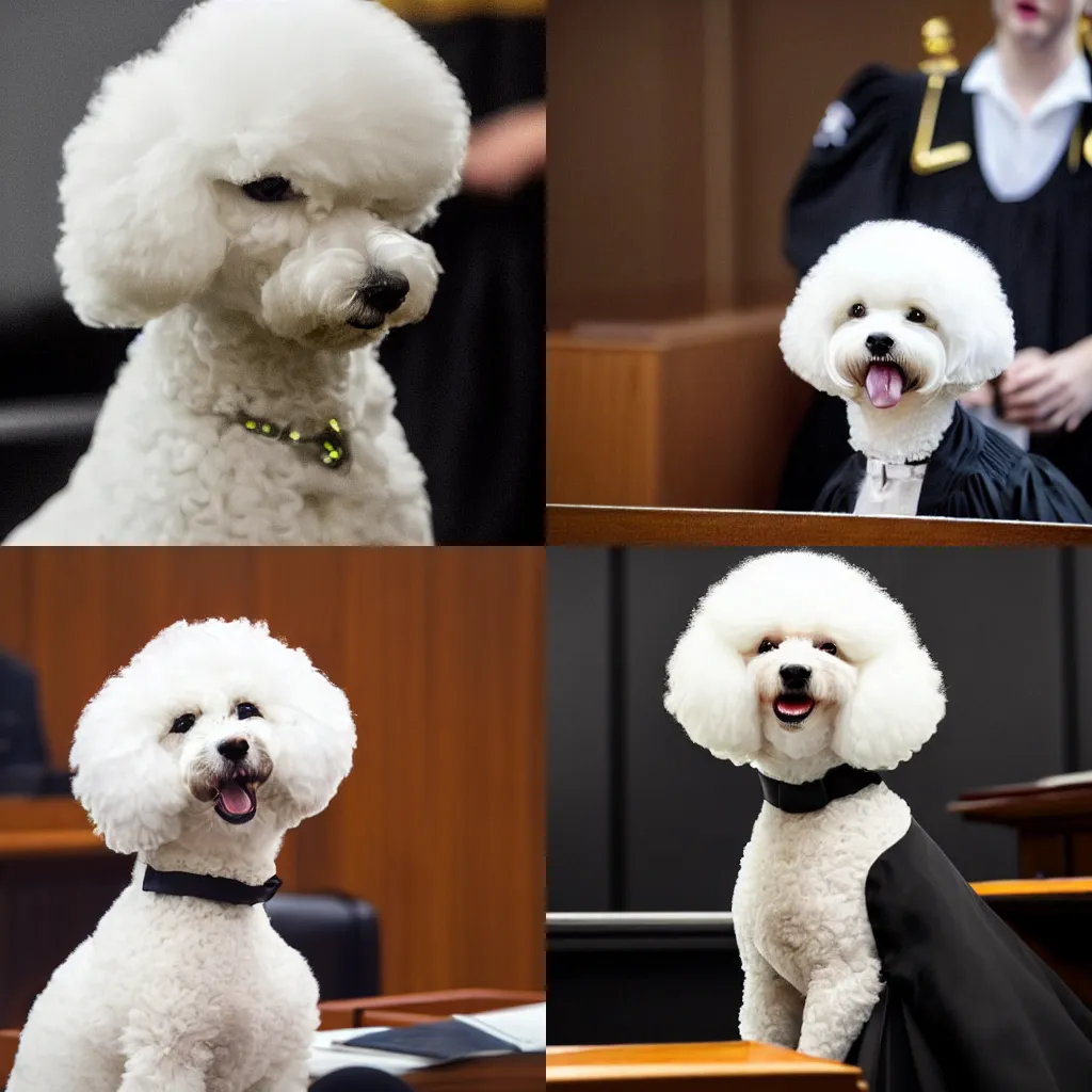 Image similar to a closeup photorealistic photograph of a cute smiling white bichon frise judge wearing a black gown and speaking to the courtroom. this 4 k hd image is trending on artstation, featured on behance, well - rendered, extra crisp, features intricate detail, epic composition and the style of unreal engine.