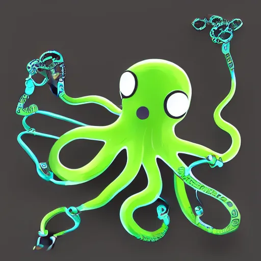 Image similar to an acqua green little octopus playing videogames, with various joypads in his tentacles, he is wearing a pair of headphones, black background, digital drawing, photoshop, high definition, good shading, artstation contest winner, octane render