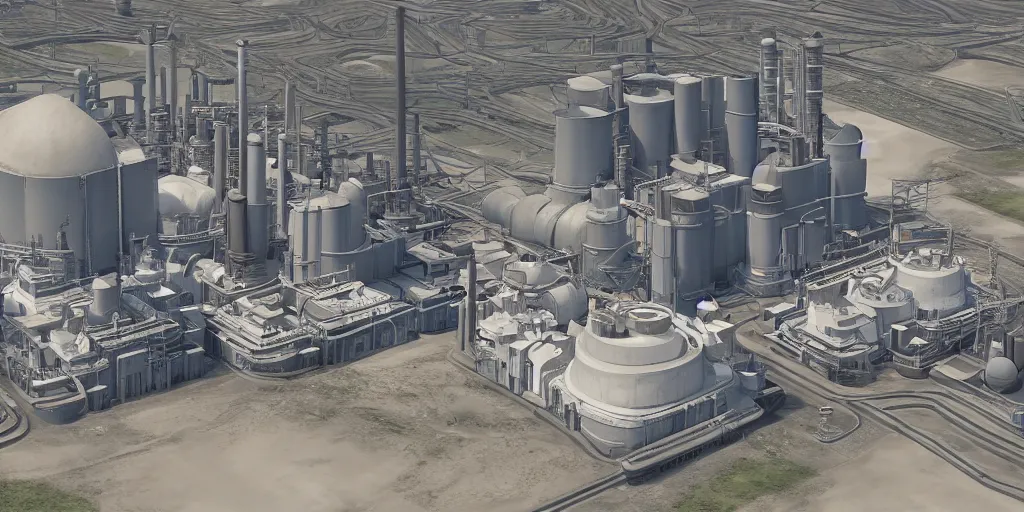 Image similar to aerial view of a stylized combined cycle powerplant, masterpiece, blizzard pixar maya engine global illumination lighting artstation in the style of frank lloyd wright
