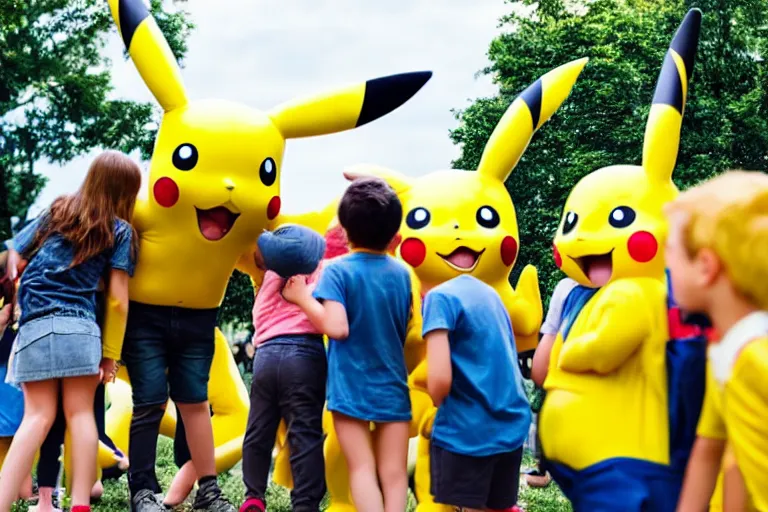 Image similar to a group of children are crowded around a life size pikachu and they looking directly it and they are laughing at it